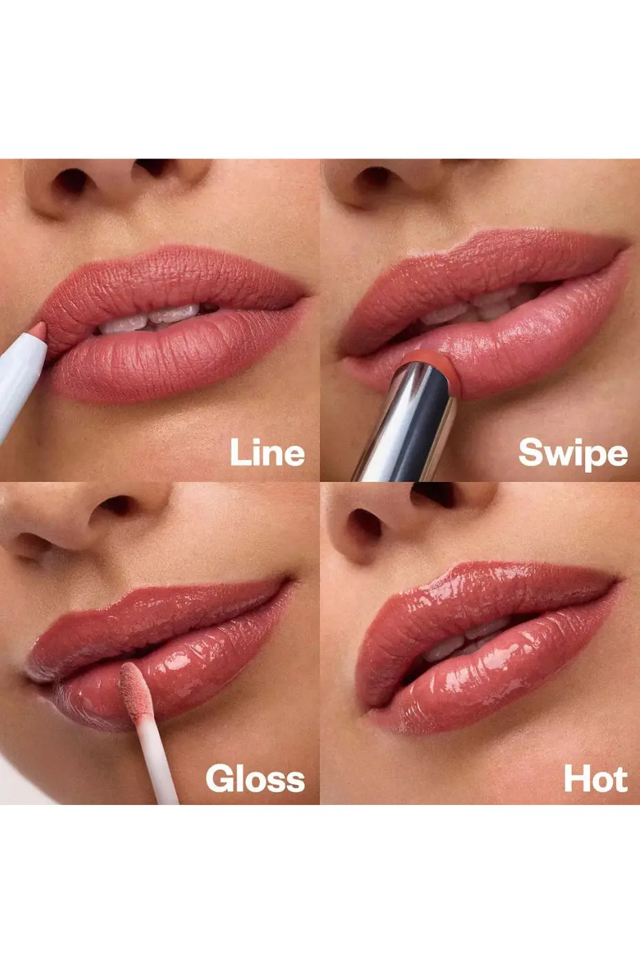 Tutoriel Lèvres Parfaites avec le Liner HEAN N°510 4 étapes : Crayon HEAN N°510 utilisé pour le contour (Line), application de rouge à lèvres (Swipe), gloss (Gloss) pour le look final (Hot).