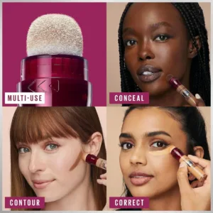Démonstration de l'applicateur coussin Maybelline Concealer et ses fonctions : Cacher (Conceal), Contourner (Contour) et Corriger (Correct).