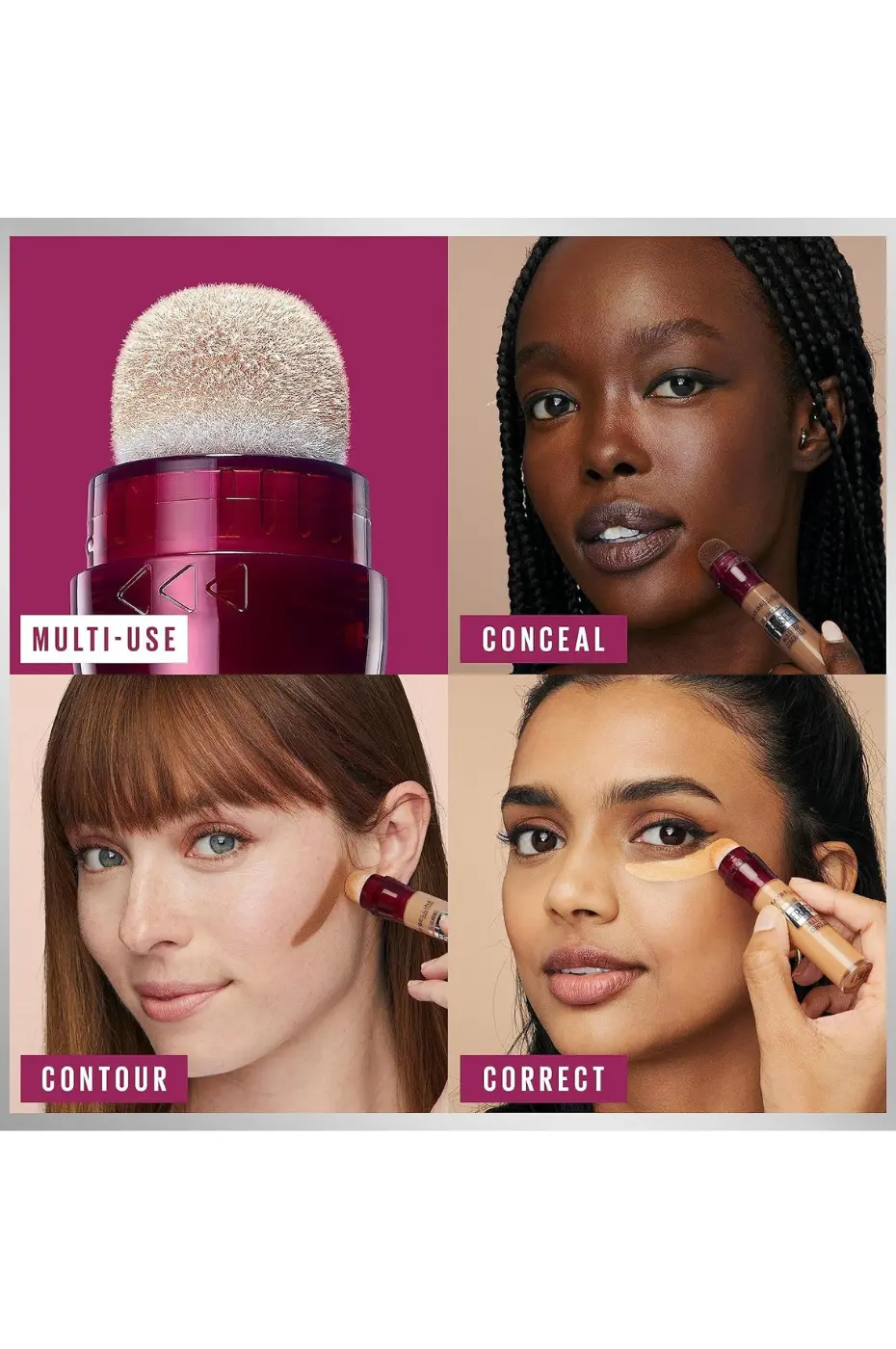 Utilisations Maybelline Concealer : Cacher, Corriger, Contouring Démonstration de l'applicateur coussin Maybelline Concealer et ses fonctions : Cacher (Conceal), Contourner (Contour) et Corriger (Correct).