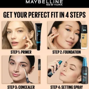 Tutoriel de maquillage Maybelline Fit Me en 4 étapes : Primer, Fond de teint, Correcteur (Concealer) et Spray fixateur (Setting Spray).