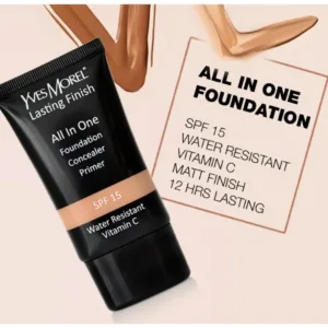 Tube de fond de teint YVES MOREL Lasting Finish All In One (Fondation, Correcteur, Base) avec détails des caractéristiques : SPF 15, résistant à l'eau, Vitamine C, fini mat, longue tenue 12 heures.