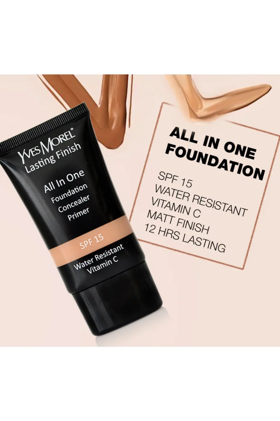 YVES MOREL All In One : 12 heures de perfection mate Tube de fond de teint YVES MOREL Lasting Finish All In One (Fondation, Correcteur, Base) avec détails des caractéristiques : SPF 15, résistant à l'eau, Vitamine C, fini mat, longue tenue 12 heures.