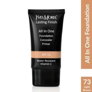 Tube noir du fond de teint YVES MOREL Lasting Finish All In One (Fondation, Concealer, Primer), SPF 15, Water Resistant, Vitamine C, teinte N° 73 Light Brown.