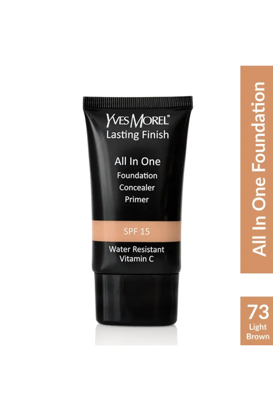 YVES-MOREL-ALL-IN-ONE-FDT-N-73-1 Tube noir du fond de teint YVES MOREL Lasting Finish All In One (Fondation, Concealer, Primer), SPF 15, Water Resistant, Vitamine C, teinte N° 73 Light Brown.