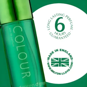 Zoom sur le flacon Colour Me Green avec logos "6 heures garanties" et "Made in England" pour une qualité certifiée.
