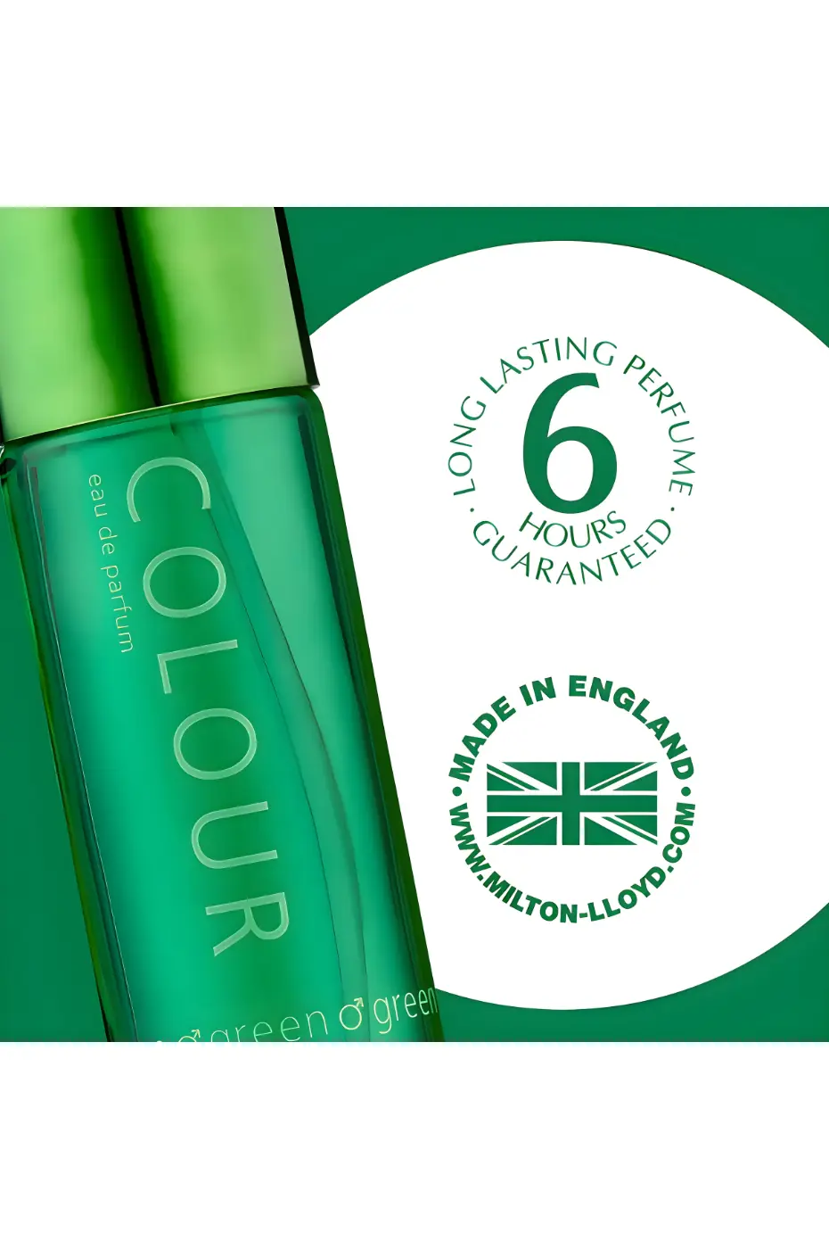 6 Heures de Tenue et Qualité Anglaise Zoom sur le flacon Colour Me Green avec logos "6 heures garanties" et "Made in England" pour une qualité certifiée.