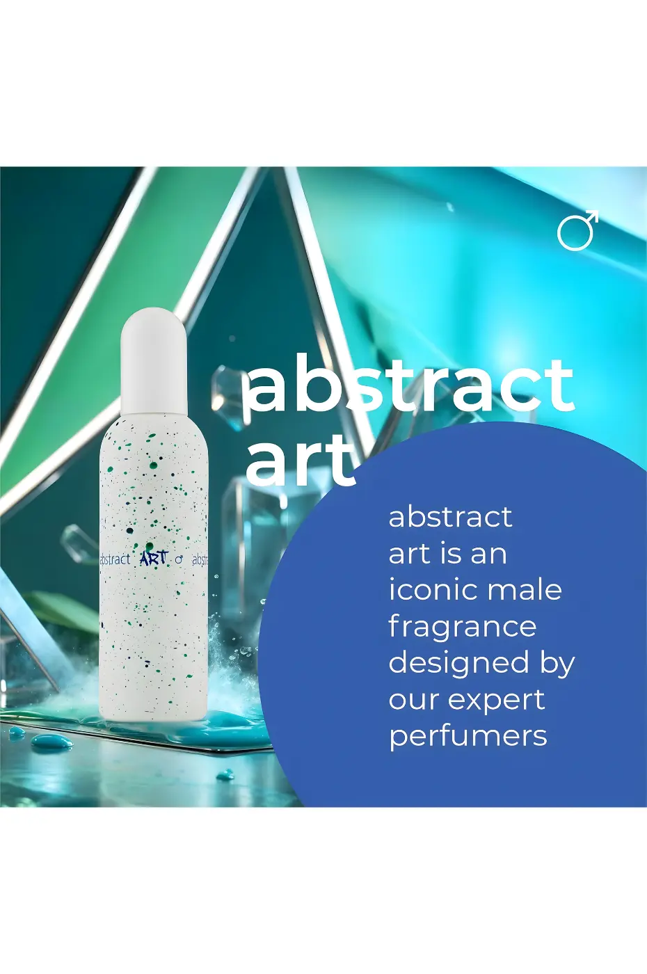 Abstract Art Flacon de parfum Abstract Art Colour Me Men sur fond abstrait, avec texte : "iconic male fragrance designed by our expert perfumers".