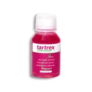 Bouteille de bain de bouche Tartrex aux huiles essentielles de 125ml, solution rose contre le tartre et la mauvaise haleine.