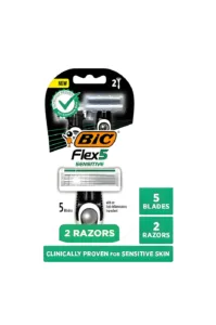 Pack de 2 rasoirs BIC Flex 5 Sensitive, 5 lames flexibles, tête pivotante et bande lubrifiante pour peaux sensibles.