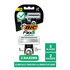 Pack de 2 rasoirs BIC Flex 5 Sensitive, 5 lames flexibles, tête pivotante et bande lubrifiante pour peaux sensibles.