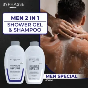 Homme sous la douche utilisant le Gel Douche 2 en 1 Byphasse Men Groovy Paradise et Urban Swing, flacons de 600ml.