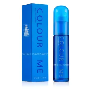 Flacon et boîte bleu azur du parfum Colour Me Azure EDP pour homme, 50ml. Eau de Parfum de Milton-Lloyd aux notes boisées-aromatiques.