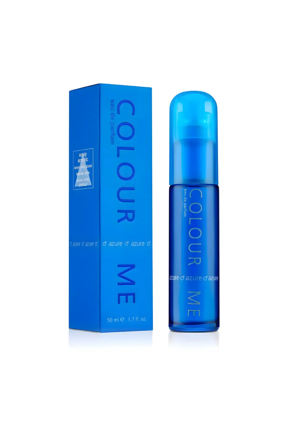 Colour Me Azure Flacon et boîte bleu azur du parfum Colour Me Azure EDP pour homme, 50ml. Eau de Parfum de Milton-Lloyd aux notes boisées-aromatiques.