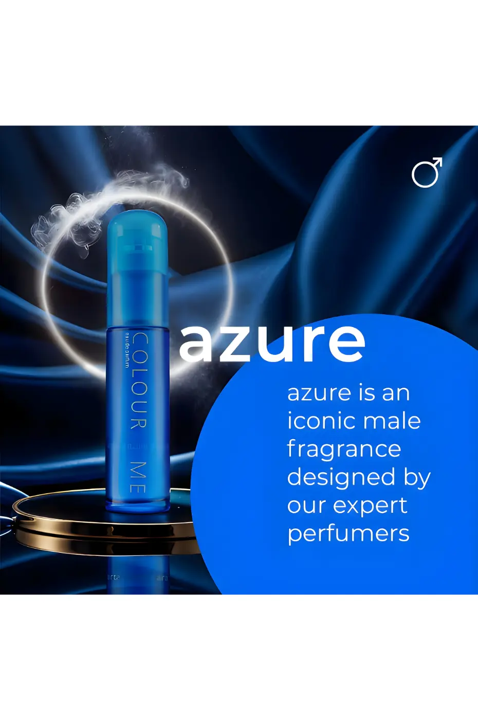 Parfum Masculin Iconique Flacon bleu Colour Me Azure Homme sur socle doré, fond bleu satiné. Parfum masculin emblématique créé par des experts.