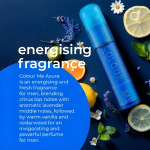 Flacon Colour Me Azure Homme avec citrons et lavande. Parfum énergisant aux notes de tête d'agrumes, de lavande, vanille et cèdre.