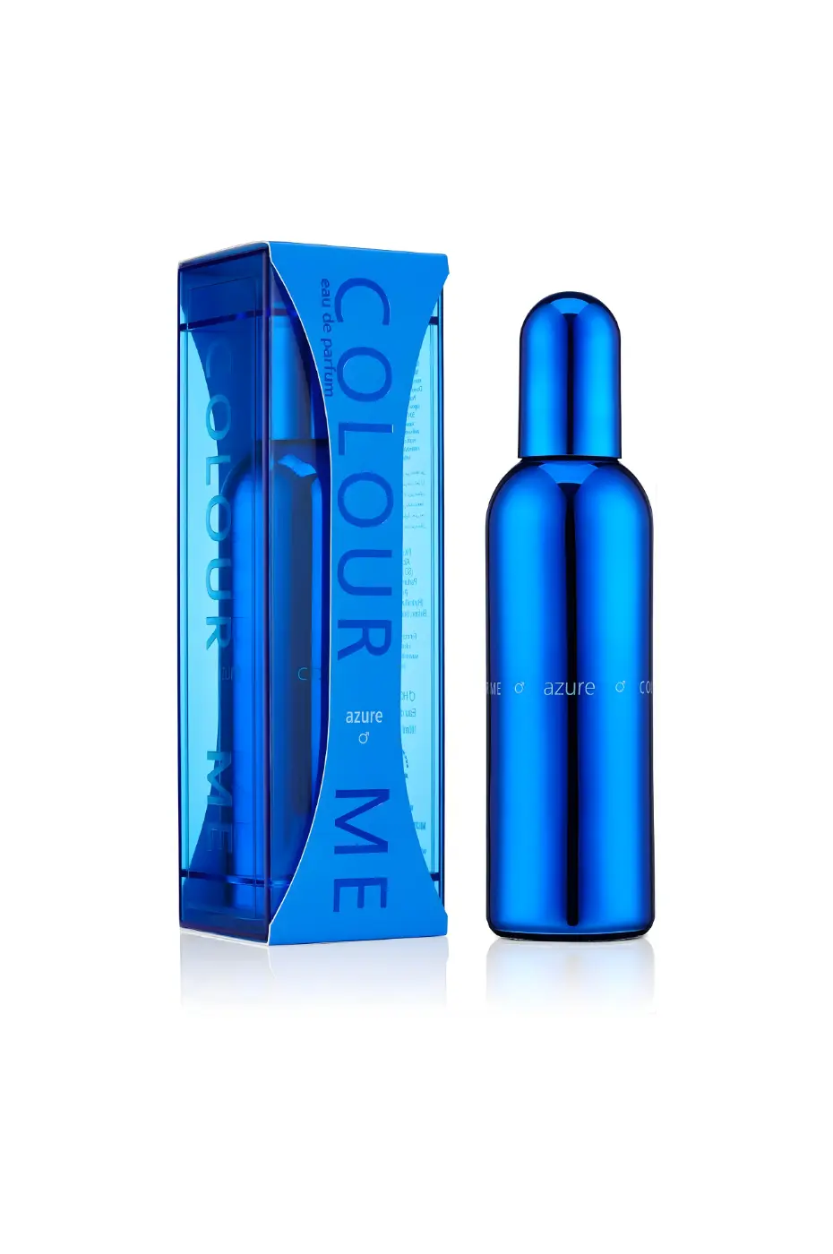 Colour Me Azure Bouteille et emballage du parfum Colour Me Men Azure bleu cobalt éclatant, 100ml.
