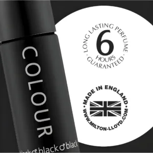 Flacon Colour Me Black avec garantie 6h, fabriqué en Angleterre, posé sur fond noir élégant et masculin.