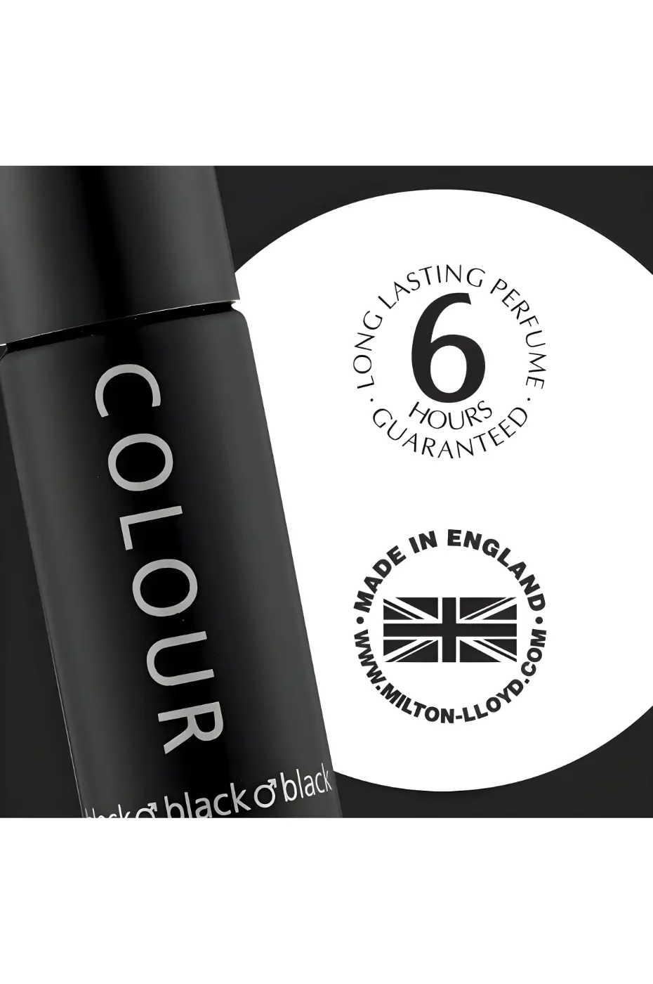 Tenue 6h garantie Flacon Colour Me Black avec garantie 6h, fabriqué en Angleterre, posé sur fond noir élégant et masculin.