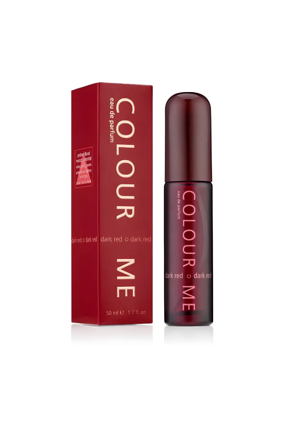 Colour Me Dark Red Boîte et flacon Colour Me Dark Red Eau de Parfum unisexe, 50 ml. Parfum riche avec notes d'ambre, cèdre et pêche.