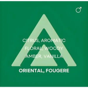 Logo triangulaire sur fond vert affichant les notes olfactives : agrumes, floral, boisé, ambre et vanille pour homme.