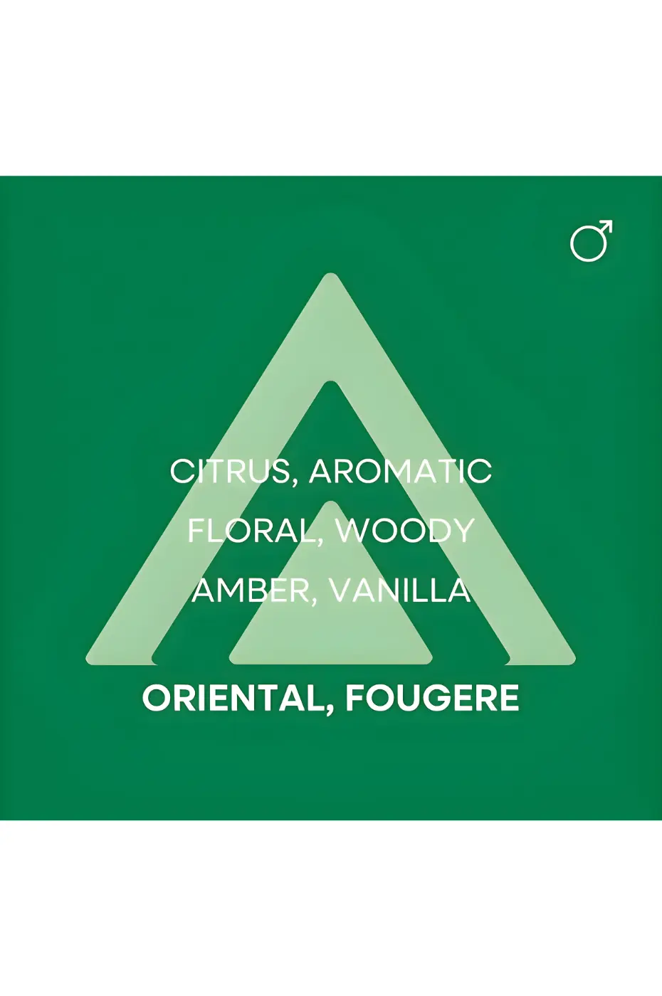 Notes Olfactives Logo triangulaire sur fond vert affichant les notes olfactives : agrumes, floral, boisé, ambre et vanille pour homme.