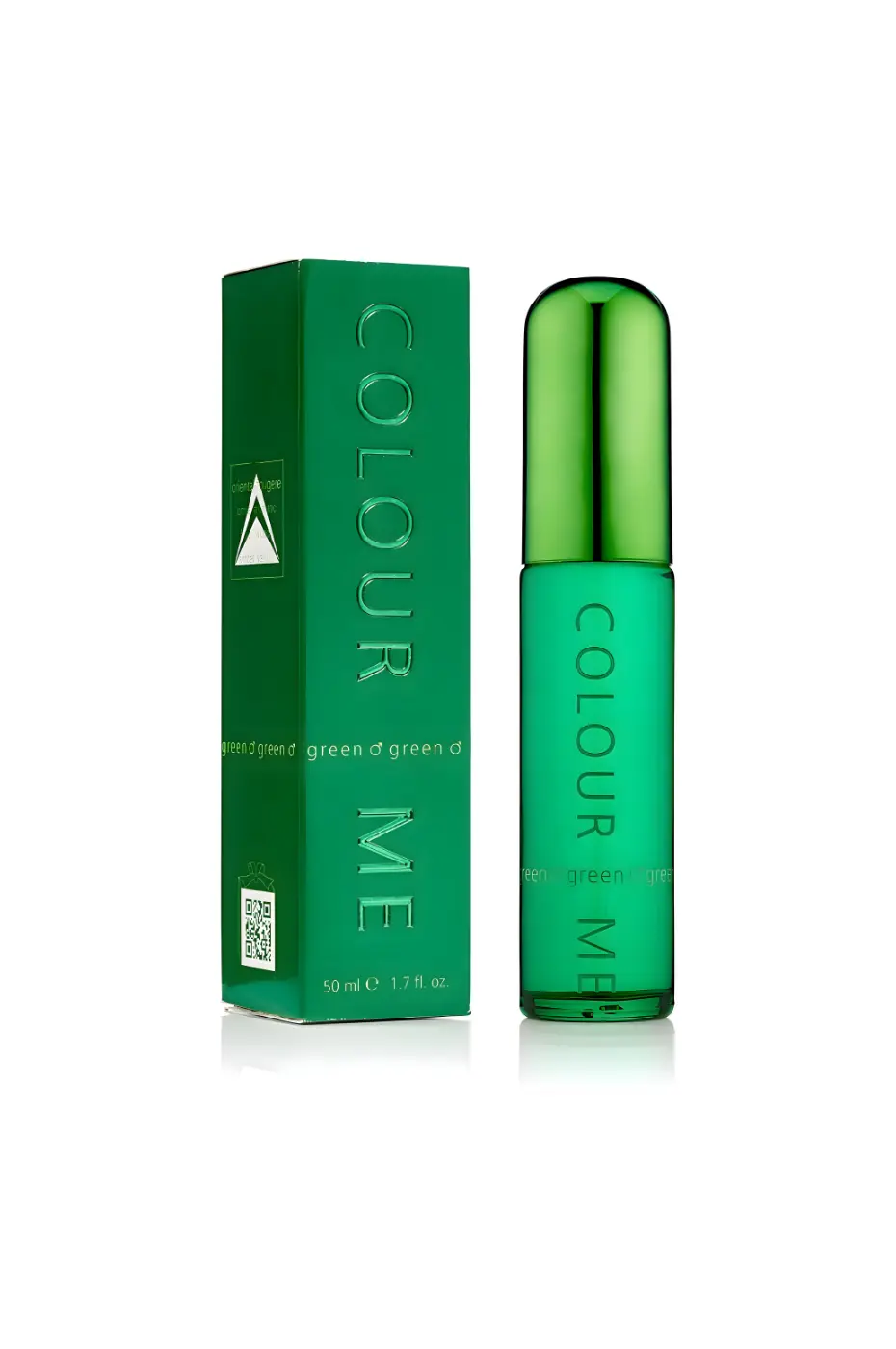 Colour Me Green Homme Flacon de parfum Colour Me Green et son emballage vert émeraude, posés sur un fond blanc épuré pour homme élégant.