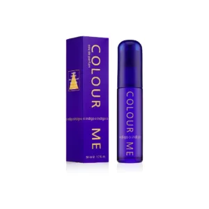 Flacon et boîte Colour Me Indigo Eau de Parfum. Parfum floral, cassis, jasmin, fève tonka. Tenue 6 heures.