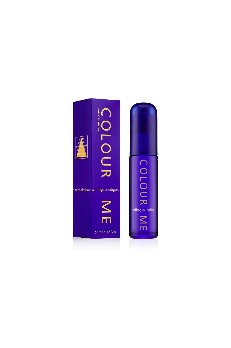 Colour Me Indigo Flacon et boîte Colour Me Indigo Eau de Parfum. Parfum floral, cassis, jasmin, fève tonka. Tenue 6 heures.