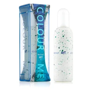 Flacon de parfum Colour Me Men Abstract Art 100ml et sa boîte, motif abstrait éclaboussures bleu-vert.