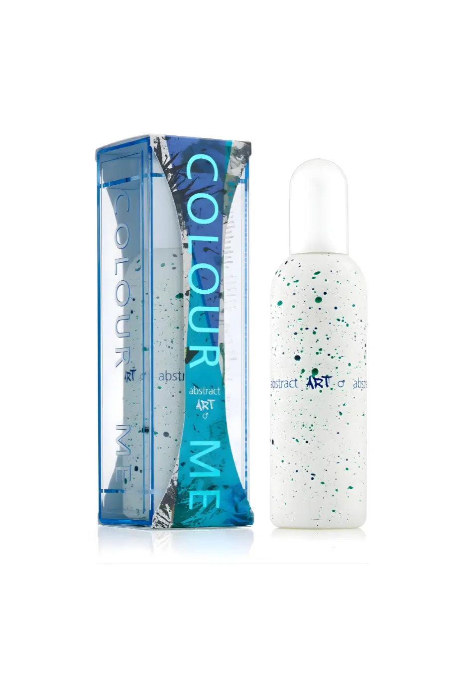 Colour Me Men Abstract Art Flacon de parfum Colour Me Men Abstract Art 100ml et sa boîte, motif abstrait éclaboussures bleu-vert.