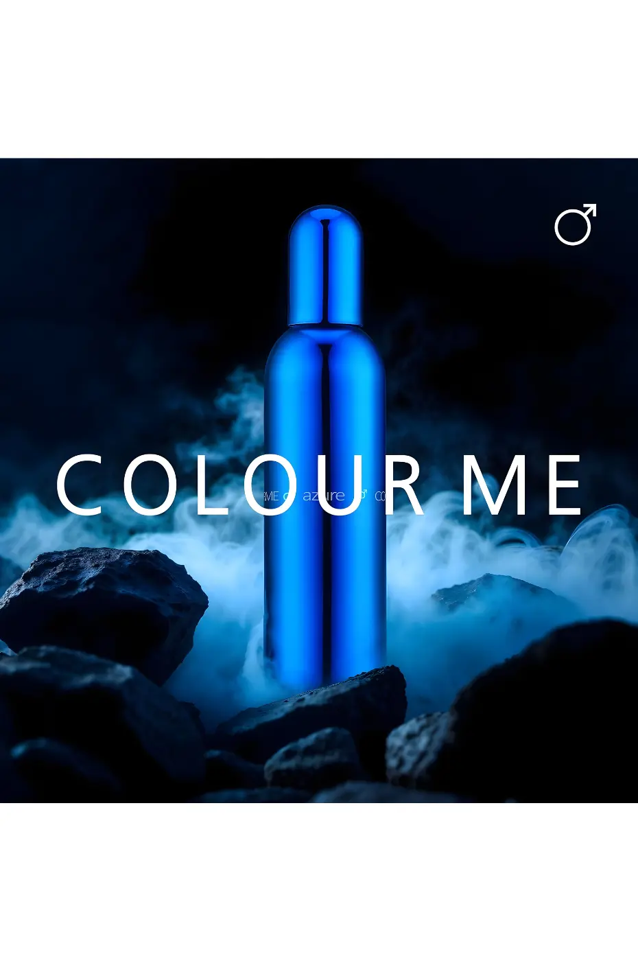 Colour Me Bouteille de parfum Colour Me Azure bleue avec fond néon et texte décrivant une fragrance fraîche et puissante.