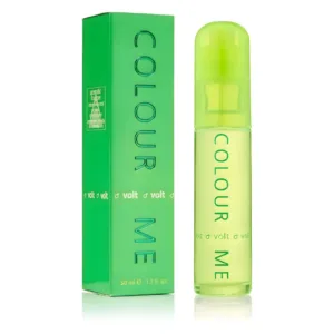 Flacon et emballage vert néon du parfum Colour Me Volt pour homme, une fragrance aromatique aux notes d'agrumes et de musc.