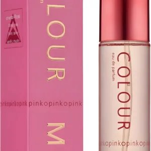 Flacon et étui du parfum Colour Me Pink EDP 50 ml, design rose floral, senteurs vanille, musc et fleurs blanches.