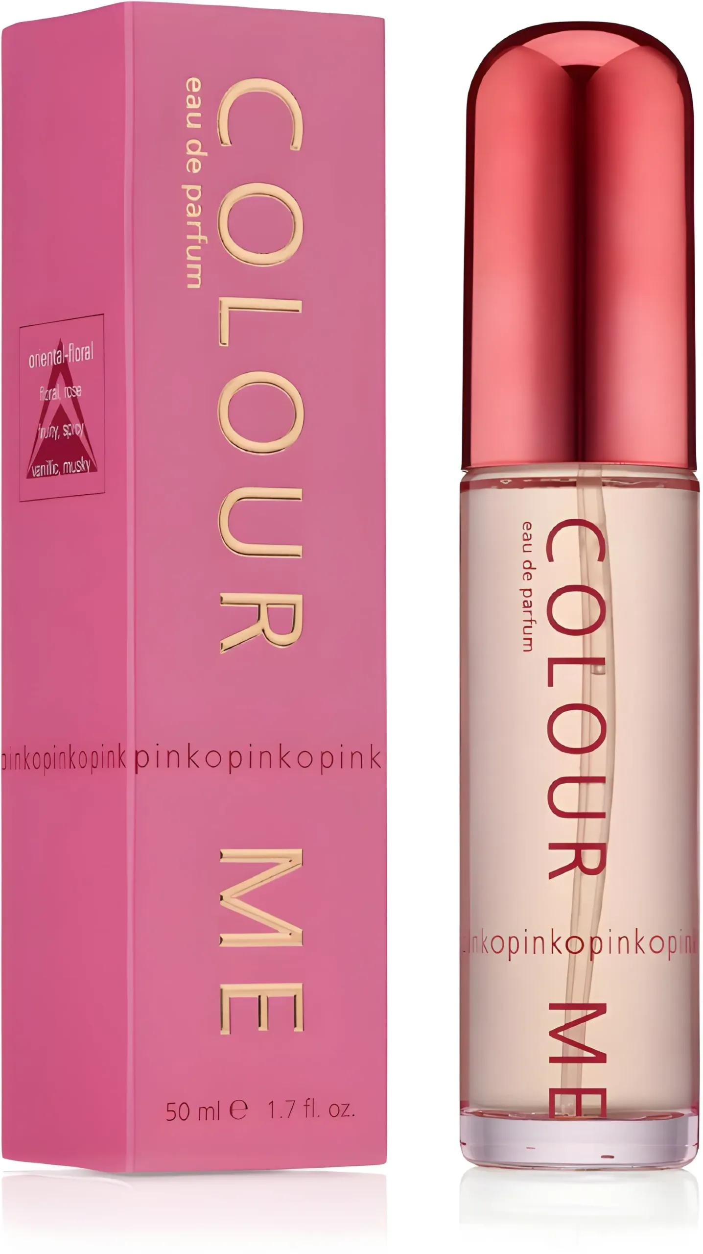 Colour Me Pink Flacon et étui du parfum Colour Me Pink EDP 50 ml, design rose floral, senteurs vanille, musc et fleurs blanches.
