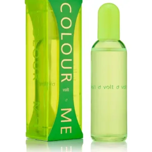 Bouteille et emballage vert fluo du parfum masculin Colour Me Volt EDP 100ml sur fond blanc pour un effet lumineux et frais.