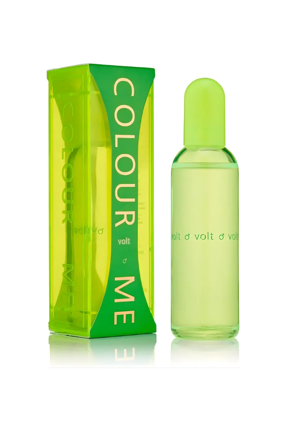 Colour Me Volt Bouteille et emballage vert fluo du parfum masculin Colour Me Volt EDP 100ml sur fond blanc pour un effet lumineux et frais.
