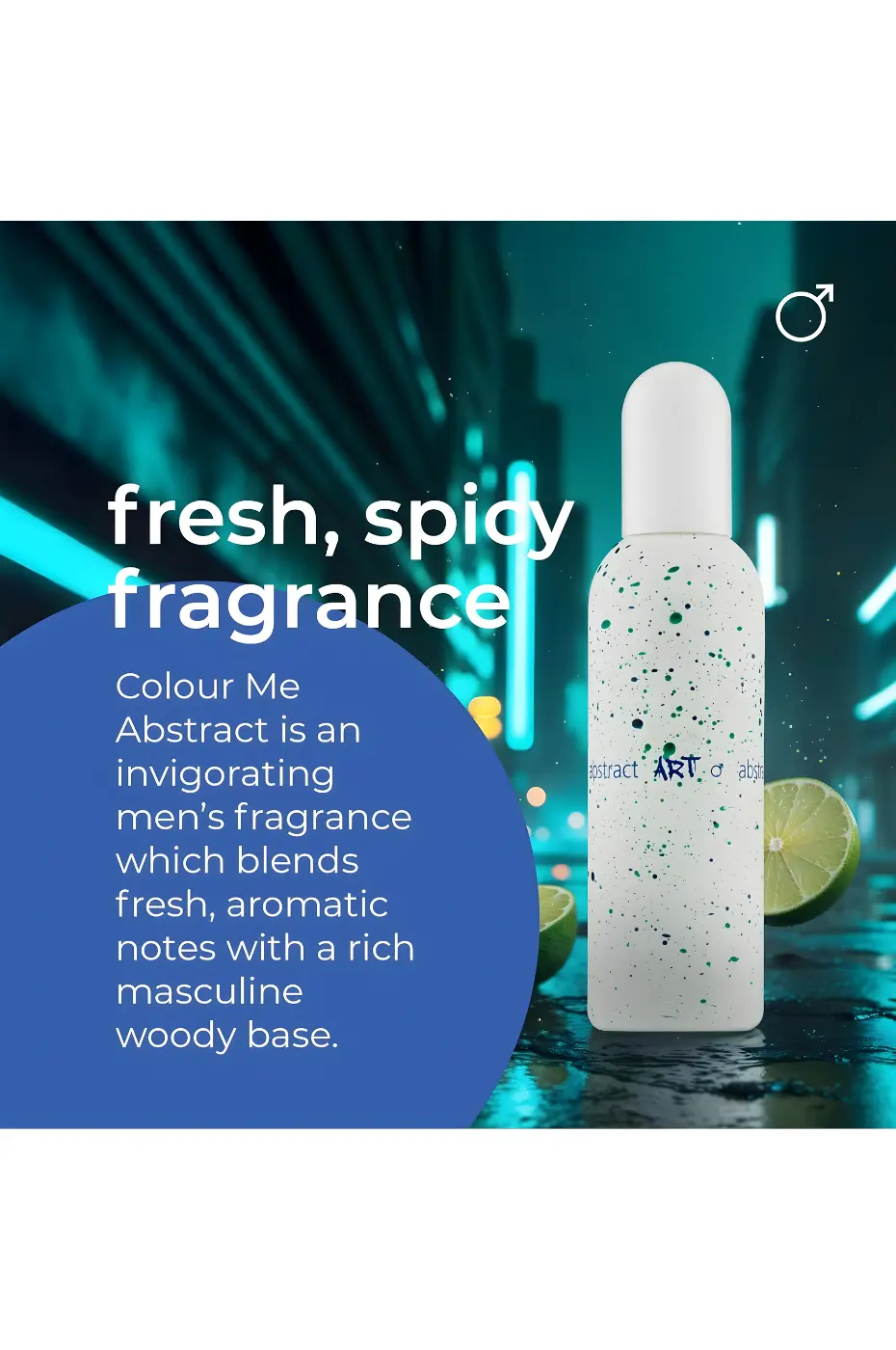 Colour Me Flacon Colour Me Abstract sur fond urbain, citron vert visible. Texte décrivant une fragrance fraîche, aromatique et boisée.