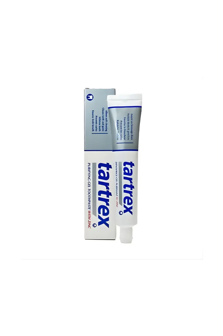 Dentifrice Gel Purifiant au Zinc Dentifrice TARTREX Gel Purifiant au Zinc, tube blanc et boîte gris-bleu. Nettoie en douceur et rafraîchit l'haleine.