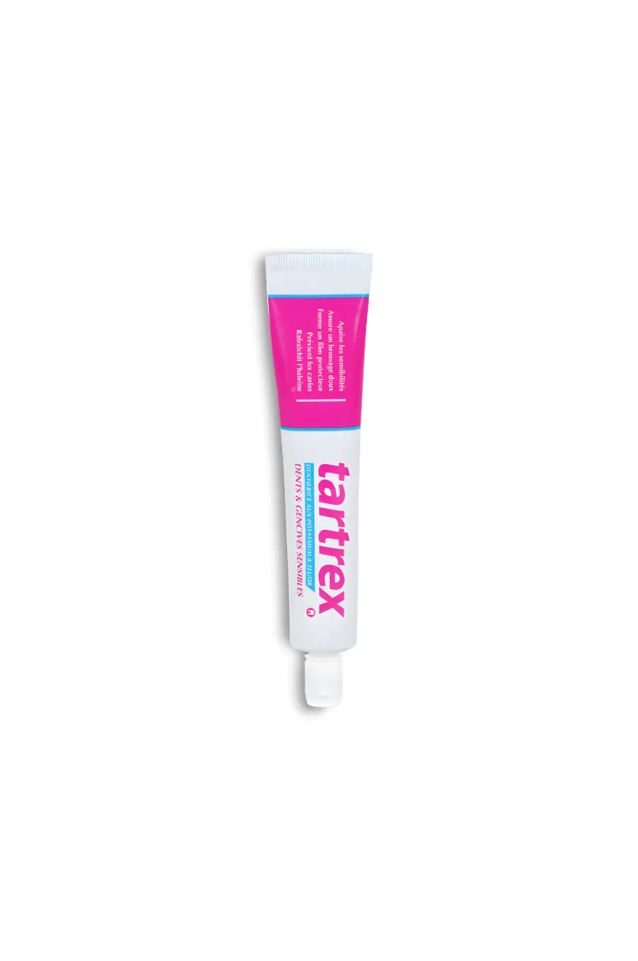 Dentifrice Spécial Sensibilité Tube de dentifrice TARTREX pour dents et gencives sensibles. Formule au potassium et fluor. Conditionnement rose et blanc.