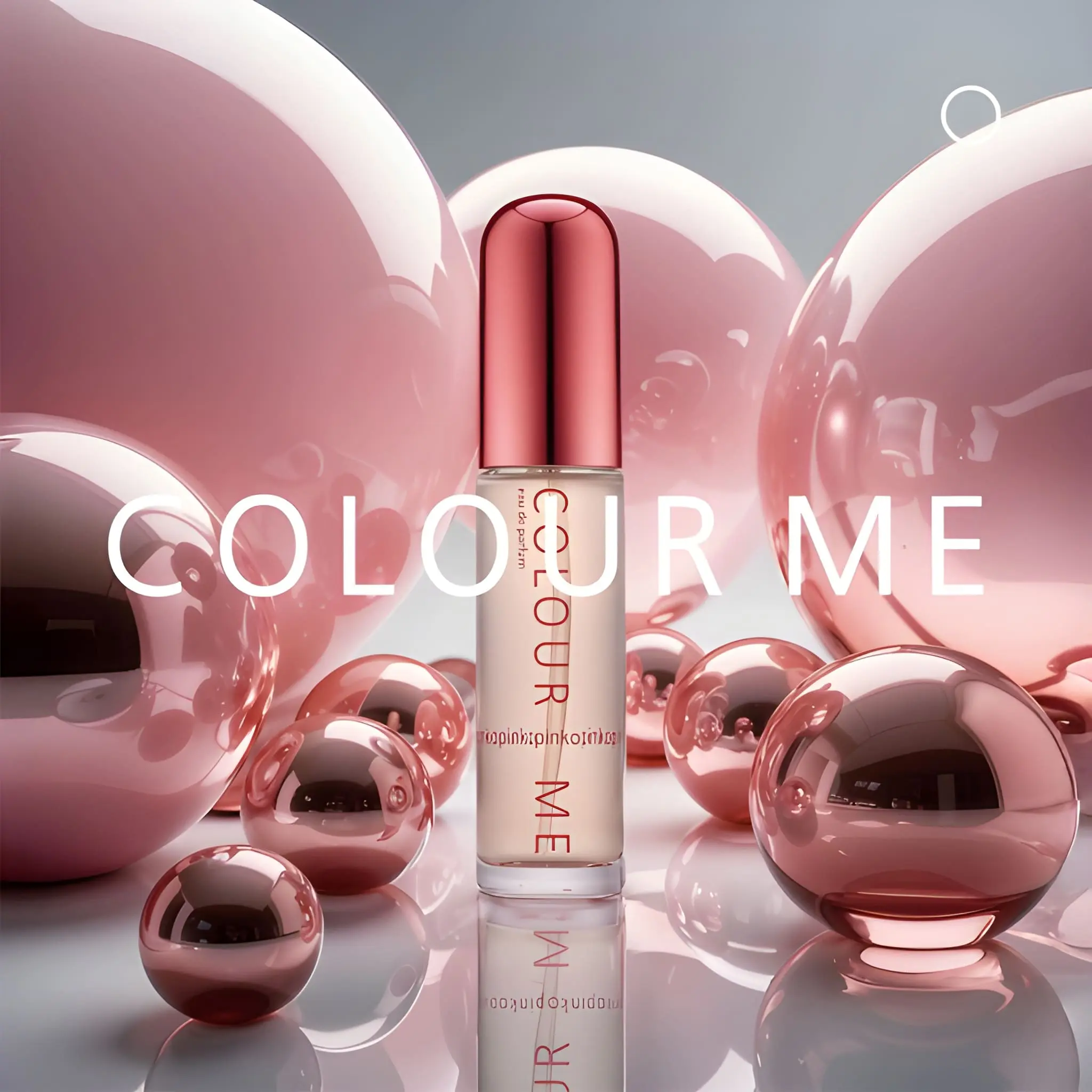 Design rose éclatant Flacon Colour Me Pink EDP posé au centre de sphères roses brillantes, ambiance féminine et moderne.