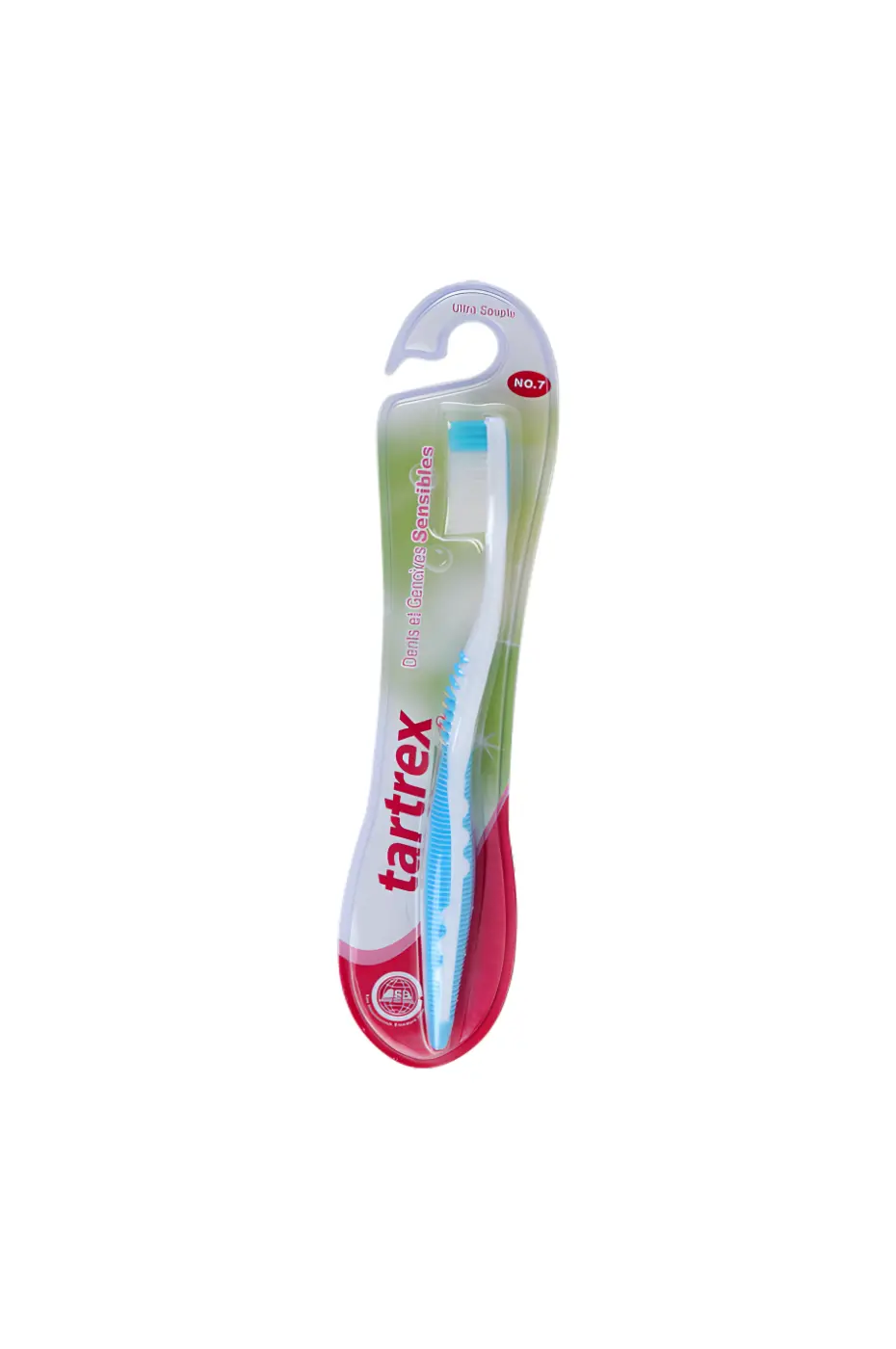 Douceur et Hygiène Brosse à dents TARTREX Ultra Souple (Ultra Souple, No. 7). Convient aux gencives sensibles. Emballage blister blanc et rouge.
