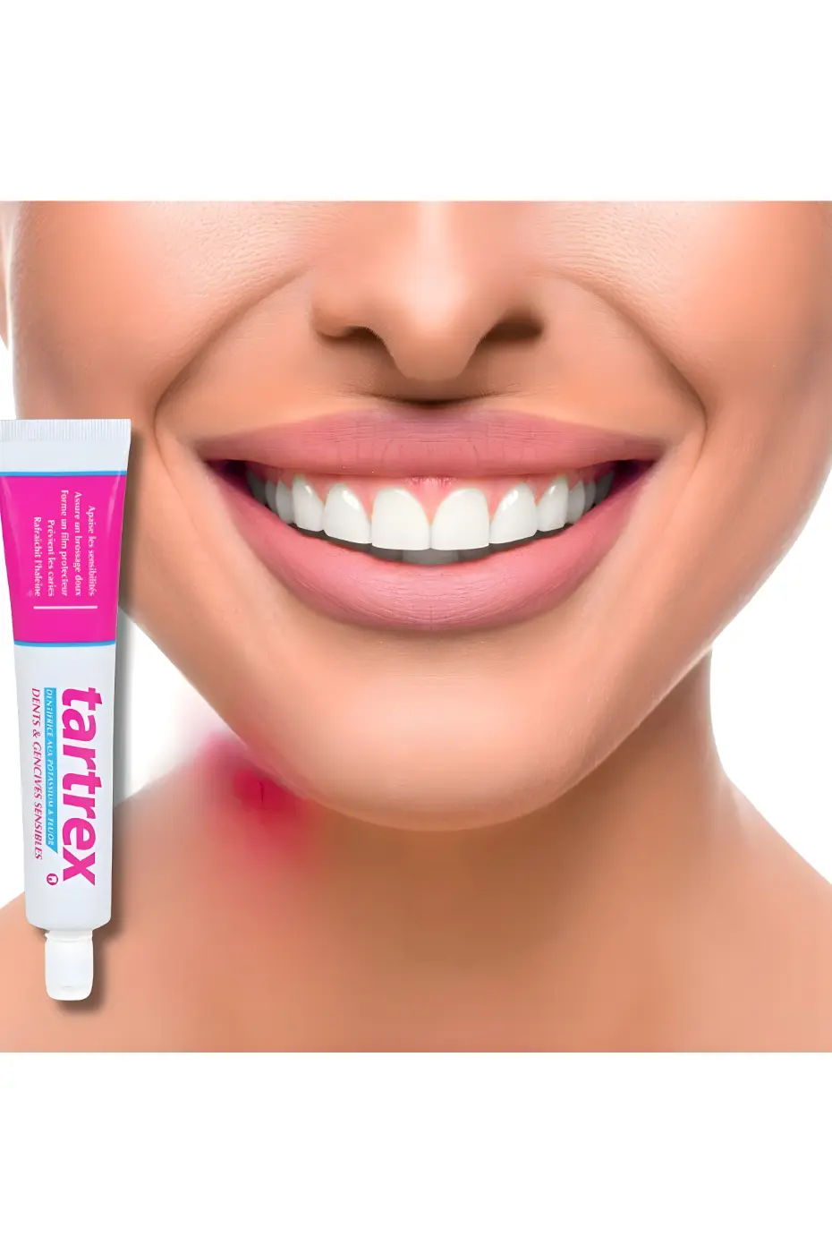 Douceur qui Révèle Votre Sourire Gros plan d'un sourire avec le tube de dentifrice TARTREX Spécial Sensibilité. Soulagement et hygiène pour les gencives.
