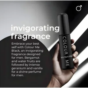 Flacon noir élégant de Colour Me Black, parfum masculin aux notes de bergamote, fruits d’eau, géranium et vanille.