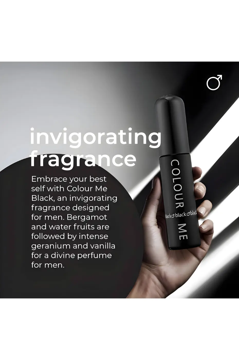 Élégance et fraîcheur Flacon noir élégant de Colour Me Black, parfum masculin aux notes de bergamote, fruits d’eau, géranium et vanille.