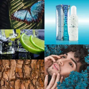 Collage : flacon Colour Me, papillon bleu, écorce, homme dans feuillage, citron vert et glaçons.