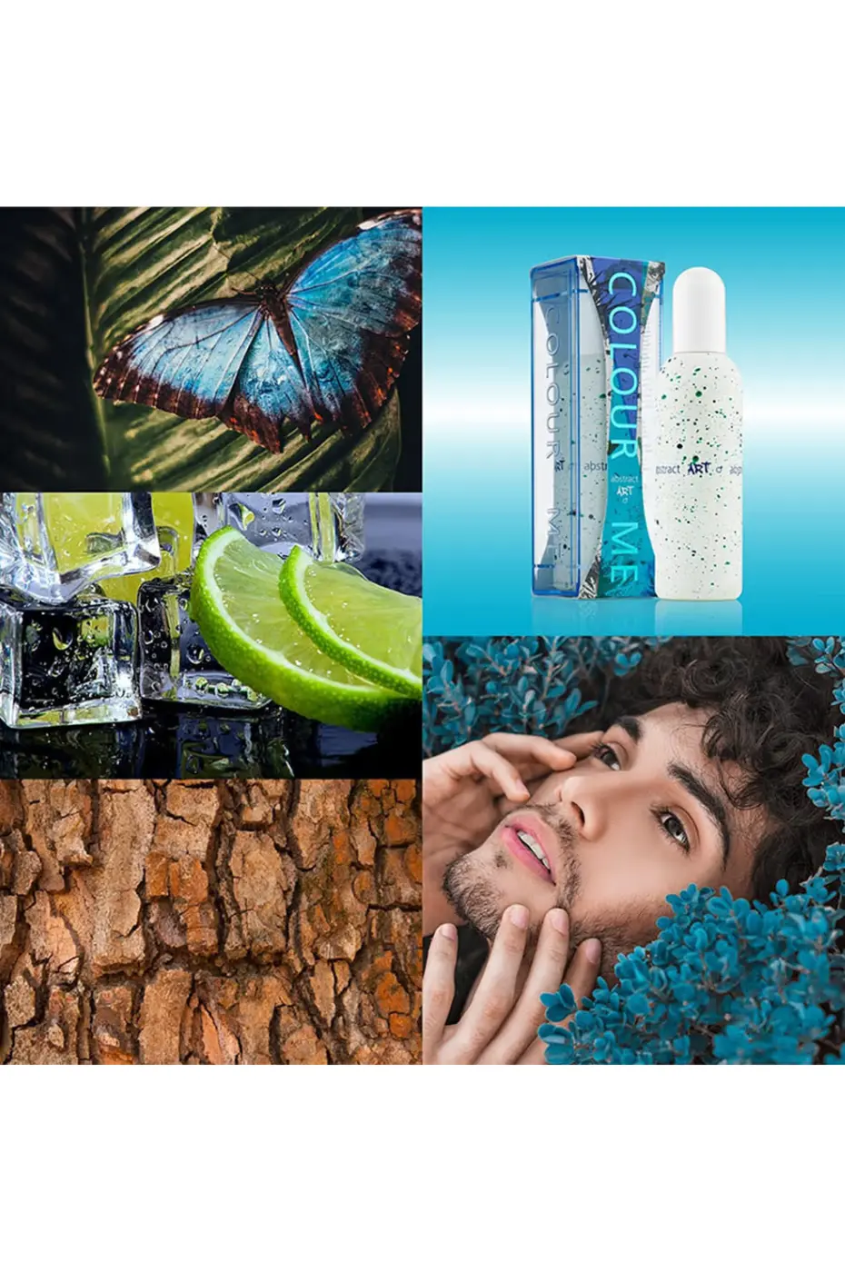 Essence de l’homme moderne Collage : flacon Colour Me, papillon bleu, écorce, homme dans feuillage, citron vert et glaçons.