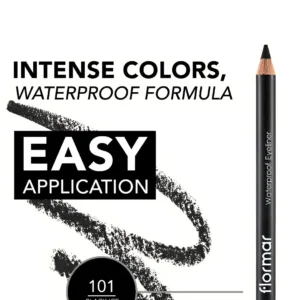 Infographie Eyeliner Flormar Waterproof 101 Black Ice. Crayon noir intense avec texte "Easy Application" et tracé de mine.