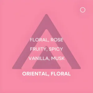 Visuel rose stylisé présentant les familles olfactives d’un parfum féminin : floral, fruité, vanillé, musqué.