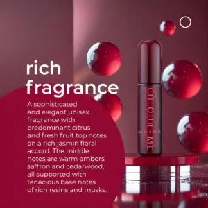 Flacon Colour Me Dark Red. Description: parfum riche, notes d'agrumes, jasmin, ambre, safran, résines.