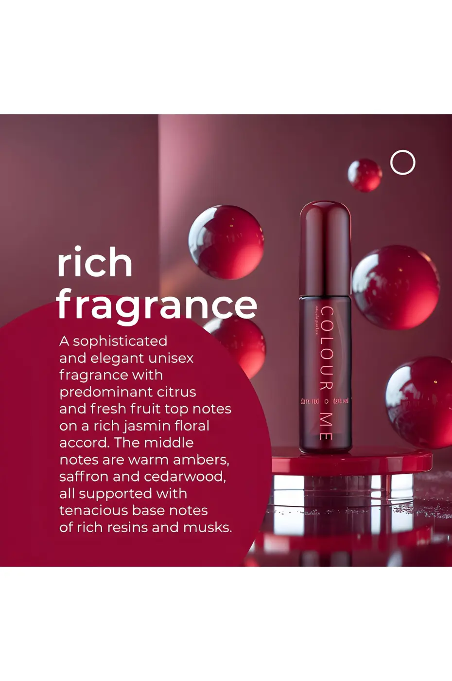 Fragrance Mixte Luxueuse Flacon Colour Me Dark Red. Description: parfum riche, notes d'agrumes, jasmin, ambre, safran, résines.